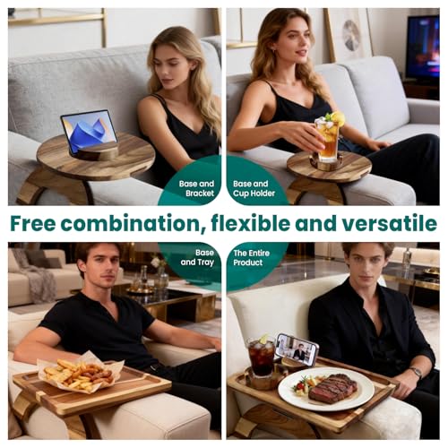 360° Detachable Rotating Acacia Wood Sofa Arm Tray Table, Serving Tray Clip On Couch Armrest Table with Cup Holder & Phone Stand, TV Dinner Tray for Eating on Sofa, TV Trays Fits for Small Spaces