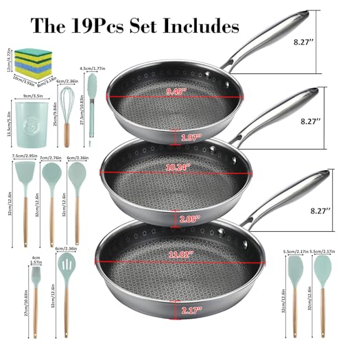 Vivicreate Tri-Ply Stainless Steel Frying Pan Set, 19 Piece Nonstick Skillet Cookware Set with 3 Fry Pans 9.5 10.25 11 Inch, Induction Compatible, Kitchen Utensils Included