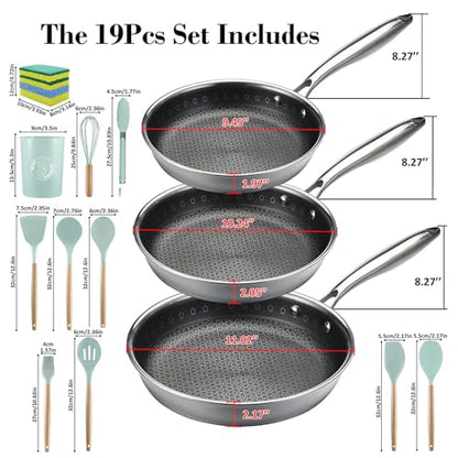 Vivicreate Tri-Ply Stainless Steel Frying Pan Set, 19 Piece Nonstick Skillet Cookware Set with 3 Fry Pans 9.5 10.25 11 Inch, Induction Compatible, Kitchen Utensils Included