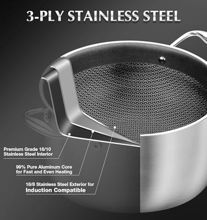KOCH SYSTEME CS Triply Stainless Steel Pot 6 Quart, Nonstick Hybrid 18/10 Stainless Steel Stock Pot with Lid, Nonstick Cooking Pots with Honeycomb Interior, Compatible with All Cooktops, Oven Safe