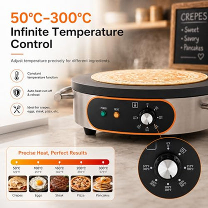Treliamd Commercial Crepe Maker, Pancake Maker Machine, 16" Non-Stick 1500W Electric Crepe Machine Constant Temperature, Thickened Cast Iron Cooking Surface Pancakes Maker Griddle with Handle