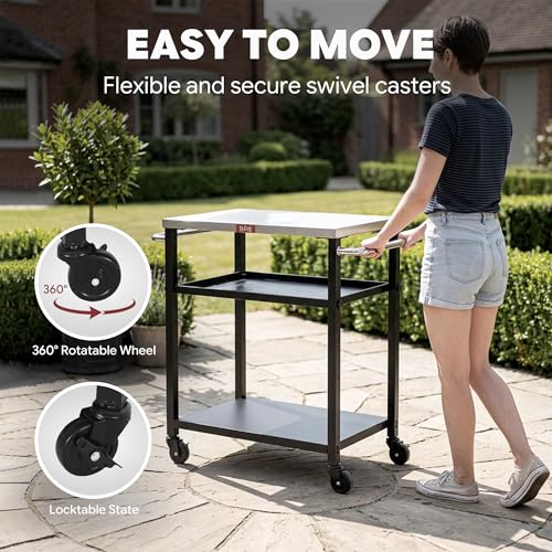 Feasto 3-Tier Outdoor Grill Cart, Rolling Pizza Oven Table with Compact 26.6" x 16.1" Stainless Top for Pizza Ovens & Griddles, Outdoor Bar Cart with S-Hooks for Patio Parties, Deck Dining & Camping