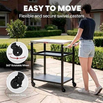 Feasto 3-Tier Outdoor Grill Cart, Rolling Pizza Oven Table with Compact 26.6" x 16.1" Stainless Top for Pizza Ovens & Griddles, Outdoor Bar Cart with S-Hooks for Patio Parties, Deck Dining & Camping