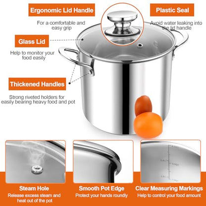 P&P CHEF 8 Quart Stainless Steel Stock Pot with Lid, Large Stockpot for Cooking Pasta Soup, Cookware for Induction Gas Electric Stoves, Visible Lid & Measuring Markings, Dishwasher Safe