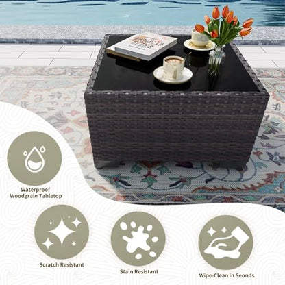 Gotland 7 Pieces Patio Furniture Set with 55000BTU Fire Pit Table, Wicker Patio Set with Wide Armrests 29.5'' High Backrest Thick Cushions 1 Coffee Table, Outdoor Furniture for Porch Deck Khaki