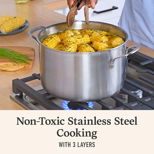 Calphalon Brushed 3-Ply Stainless Steel Cookware Set w/Turbo Heat Tech 6Qt Stock Pot with Lid, Induction, Oven Safe 450F, Brushed Stainless Silver