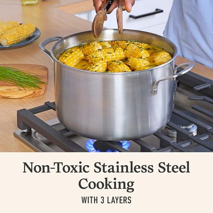 Calphalon Brushed 3-Ply Stainless Steel Cookware Set w/Turbo Heat Tech 6Qt Stock Pot with Lid, Induction, Oven Safe 450F, Brushed Stainless Silver