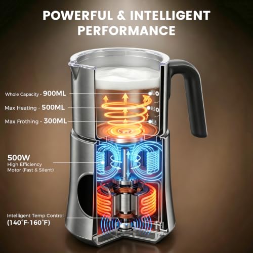 Milk Frother and Steamer, 4-in-1 Automatic Hot and Cold Foam Maker with 900ml Detachable Stainless Steel Jug, Electric Frother for Latte, Cappuccino, Macchiato, Hot Chocolate