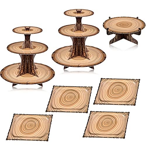 Sawysine 7 Pcs Woodland Cupcake Stand Set Woodland Baby Shower Decorations 3 Tier 2 Wooden Cupcake Stand 1 Rustic Cake 4 Rectangle Serving Tray Birthday Western Camping Hunting Supplies(Rectangle)