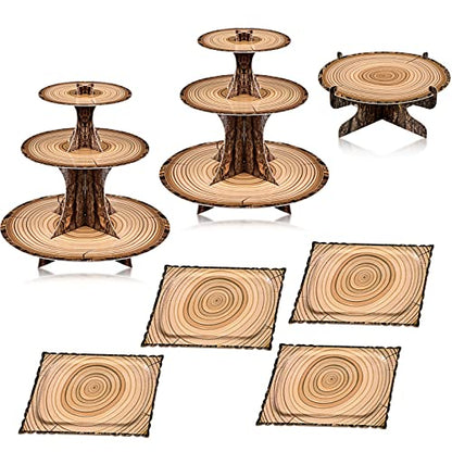 Sawysine 7 Pcs Woodland Cupcake Stand Set Woodland Baby Shower Decorations 3 Tier 2 Wooden Cupcake Stand 1 Rustic Cake 4 Rectangle Serving Tray Birthday Western Camping Hunting Supplies(Rectangle)