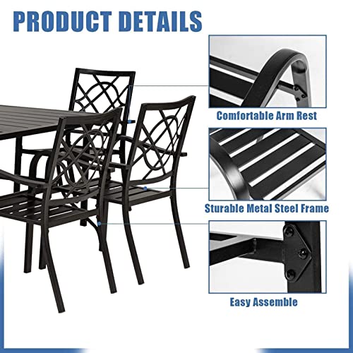 Crownland 5 Piece Patio Dining Set, 4 Stackable Metal Chairs and Square Outdoor Dining Table with 9FT Dark Blue Round Outdoor Umbrella (Metal Tabletop)