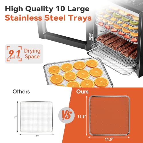 Manastin Food Dehydrator Machine 10 Stainless Steel Trays, 850W Dryer for Meat Jerky, Fruit, Herbs, Yogurt & Dog Treats, 95-167℉ Dehydrated Dryer, 48H Timer, 10 Presets, Overheating Protection, Black
