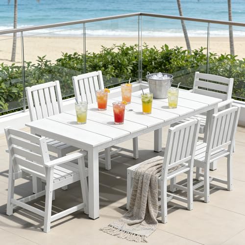 PLUUV 7-Piece Outdoor Patio Dining Set, All-Weather HDPE Dining Furniture Set with Umbrella Hole Cut-Out Table, Aluminum Table Legs, and 6 Chairs, Waterproof & Easy Clean for Backyard, Garden, White