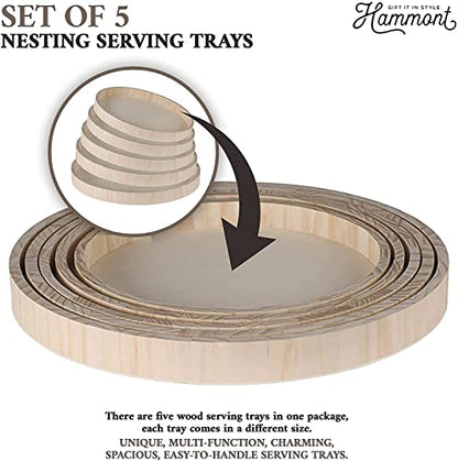 6 Sets of Hammont Wooden Nested Serving Trays - Five Piece Set of Round Shape Wood Trays (30 Trays Total) for Crafts | Circle Kitchen Nesting Trays for Serving Pastries, Snacks, Mini Bars, Chocolate