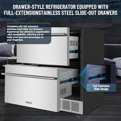 ORYMUSE Outdoor Drawer Refrigerator, 24 Inch Undercounter Beverage Cooler Fridge with Stainless Steel Seamless Door Can Hold 154 Cans w/Powerful Cooling Compressor for Kitchen and Commercial