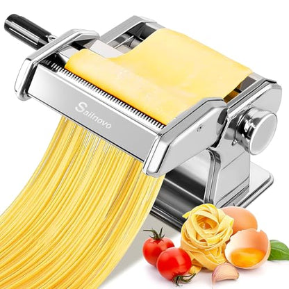 Sailnovo 3 in 1 Pasta Maker Machine - 9 Adjustable Thickness Settings Aluminum Alloy Pasta Roller & 2 Width Cutters for Fresh Spaghetti, Fettuccini, Lasagna, Dumplings - Stainless Steel, Silver