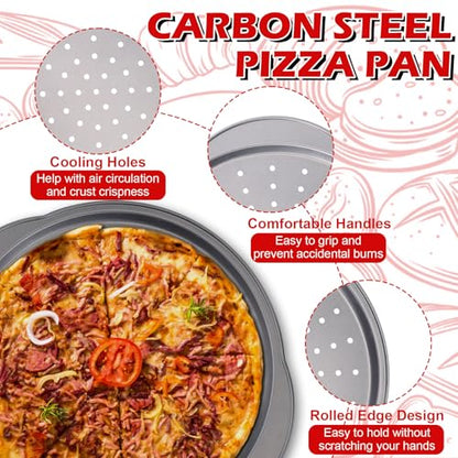 Gymdin Pizza Pan for Oven - 13" Round Pizza Pans with Holes(2 Pack), Non-stick Carbon Steel Pizza Trays with Handle, Easy to Clean & Oven Safe