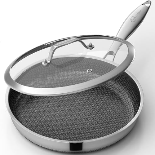 LOLYKITCH 12 In Nonstick Frying Pan Skillet with Lid, Ceramic Coating, Tri-ply Stainless Steel, Induction Compatible, PFOA-free, Oven Safe to 600°F, Dishwasher-safe, Detachable Handle