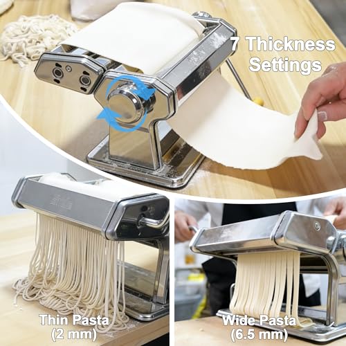 Pasta Maker Machine With 7 Adjustable Thickness Settings, Stainless Steel Manual Noodle Maker,Pasta Roller& Cutters With Removable Handle and Clamp For Kitchen