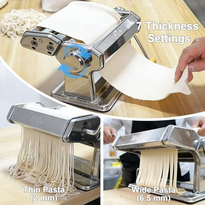 Pasta Maker Machine With 7 Adjustable Thickness Settings, Stainless Steel Manual Noodle Maker,Pasta Roller& Cutters With Removable Handle and Clamp For Kitchen