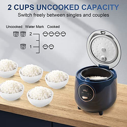 Bear Mini Rice Cooker 2 Cups Uncooked, 1.2L Portable Non-Stick Small Travel Rice Cooker, BPA Free, One Button to Cook and Keep Warm Function, Blue