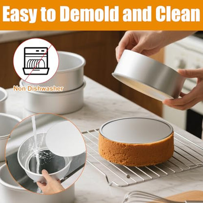 Mity rain 6 Pcs Round Cake Pan, Nonstick Aluminum Baking Pans Set of 2, 4, 6, 8 Inch Leakproof Circle Springform Pan with Removable Bottom Scrapers Demolding Knives for Cheese Pizza Home Party