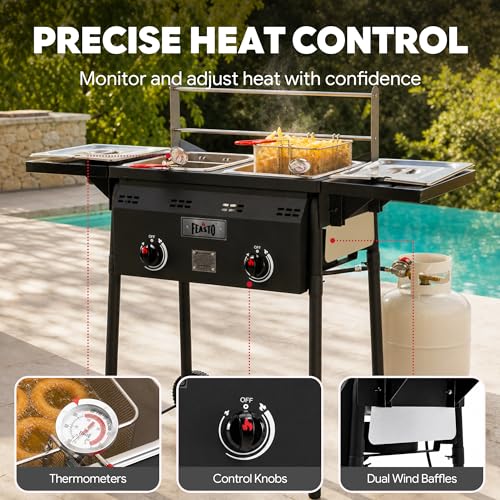 Feasto Outdoor Propane Deep Fryer with Rolling Cart, Dual Tank Fish Fryer with 2 Independent Burners, 100,000 BTU, 4-Gal Oil Capacity, Frying Station with Baskets for Fish, Fries & Chicken