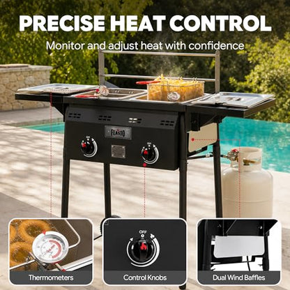 Feasto Outdoor Propane Deep Fryer with Rolling Cart, Dual Tank Fish Fryer with 2 Independent Burners, 100,000 BTU, 4-Gal Oil Capacity, Frying Station with Baskets for Fish, Fries & Chicken