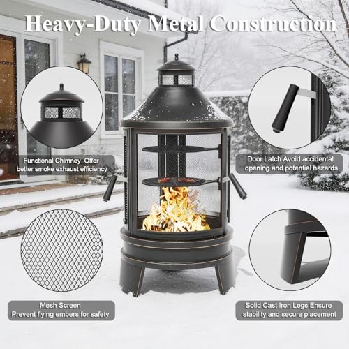 Gotland 2 in 1 Metal Chimenea with Grill, Outdoor Fire Pit with Adjustable Grill Tray 3-Door Design Spark Screen Door, Chiminea Outdoor Fireplace, Wood Stove for BBQ, Patio, Garden, Backyard