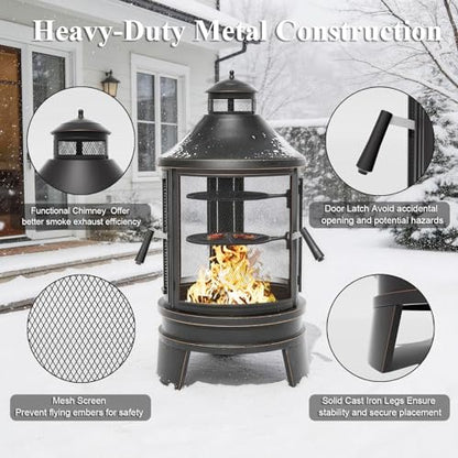 Gotland 2 in 1 Metal Chimenea with Grill, Outdoor Fire Pit with Adjustable Grill Tray 3-Door Design Spark Screen Door, Chiminea Outdoor Fireplace, Wood Stove for BBQ, Patio, Garden, Backyard