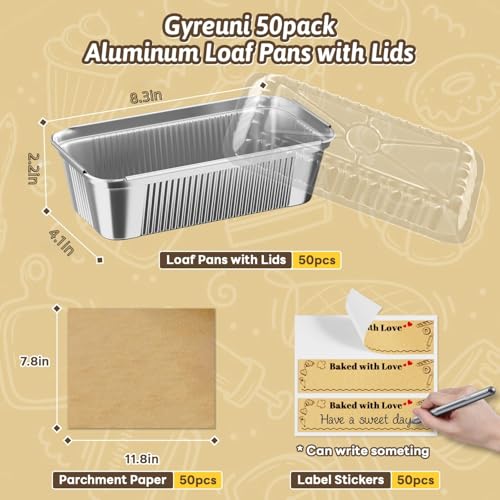 Gyreuni 50 Pack Aluminum Loaf Pans with Lids Stickers and Parchment Paper Sheets,2.4Lb Heavy Duty Aluminum Foil Premium Bread Tins - 8.3" X 4.1" X 2.2" Disposable Baking Pans