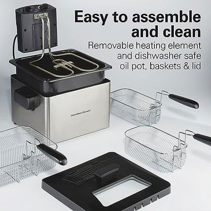 Hamilton Beach Electric Deep Fryer with 3 Baskets and Lid, 4.5 Liters / 19 Cups Oil Capacity, Temperature Control, View Window, Professional Style, 1800 Watts, Stainless Steel (35034)