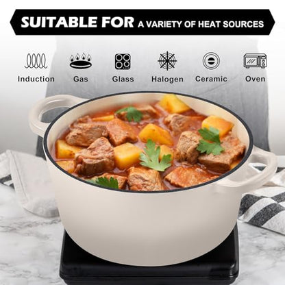 TeamFar 5Qt Dutch Oven, Enameled Cast Iron Dutch Oven with Lid & Dual Handles for Cooking Baking Braising Simmering, Healthy & Sturdy, Oven & Various Stovetops Safe, Non-stick & Easy Clean - Khaki