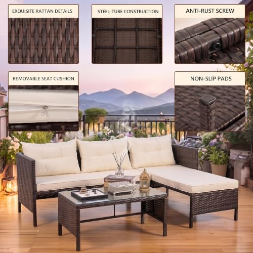 OMNIBERG 5 Piece Outdoor Sectional Patio Furniture Sets, All Weather Outdoor Wicker Rattan Patio Conversation Set, Patio Seating Sofas with Cushions, Lumbar Pillows and Tempered Glass Table