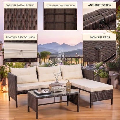 OMNIBERG 5 Piece Outdoor Sectional Patio Furniture Sets, All Weather Outdoor Wicker Rattan Patio Conversation Set, Patio Seating Sofas with Cushions, Lumbar Pillows and Tempered Glass Table