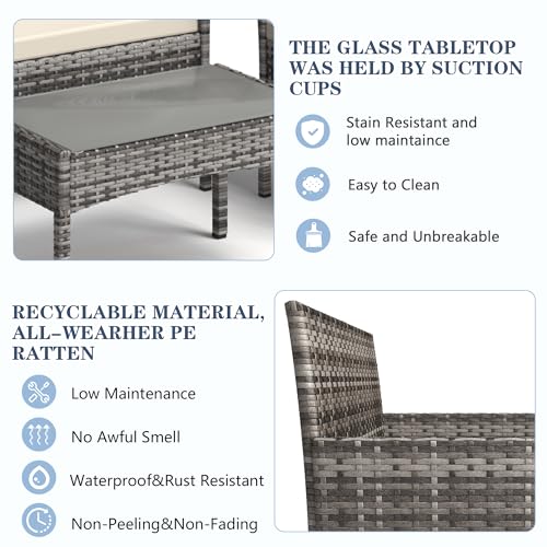 BUPPLEE 4 Pieces Patio Furniture Set, Outdoor Wicker Rattan Patio Conversation Furniture Set with Waterproof Cushion and Table for Lawn Poolside Backyard Garden Balcony Porch