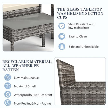 BUPPLEE 4 Pieces Patio Furniture Set, Outdoor Wicker Rattan Patio Conversation Furniture Set with Waterproof Cushion and Table for Lawn Poolside Backyard Garden Balcony Porch