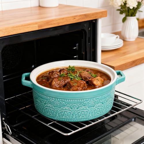 Elsjoy 2 Quart Round Ceramic Casserole Dish with Lid, 7.5 Inch Covered Casserole for Oven, Glazed Ceramic Baking Dish Vintage Bakeware for Kitchen, Turquoise