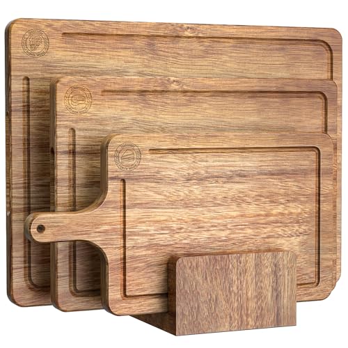 Acacia Wood Cutting Board Set of 3 – Non-Toxic & Pre-Oiled Cutting Boards for Kitchen, Chopping Boards with Holder, Juice Groove, Reversible Serving Board, Labeled Icons for Meat Cheese Vegetables