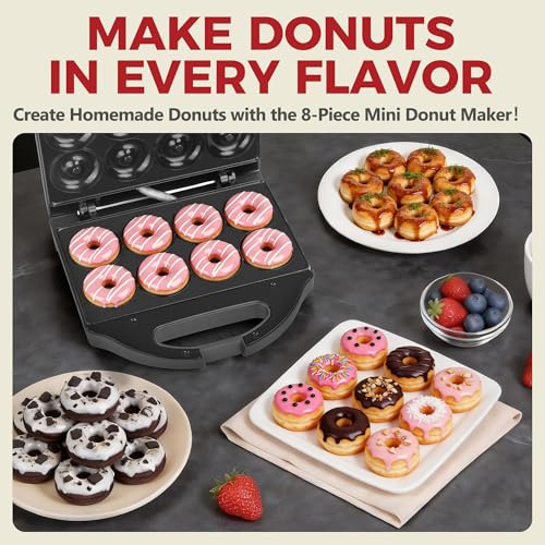AshGlen 2” Mini Donut Maker Machine, 8 Donut Holes Ceramic Coating Donut Pan for Baking Doughnuts, Doughnut Maker for Mini Donuts, Maquina De Mini Donas, Graphite