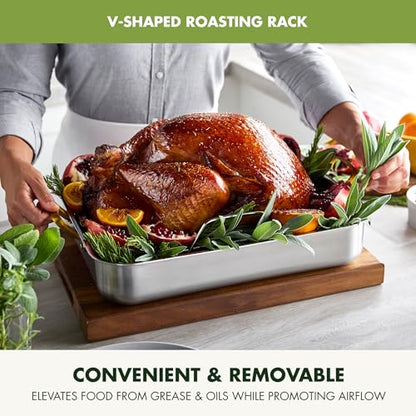 GreenPan Reserve 16" x 13" Tri-Ply Stainless Steel Roasting Pan with Roaster Rack, Multiclad Cookware, Induction Suitable, Gold Stainless Steel Handles, Dishwasher & Oven Safe, Silver