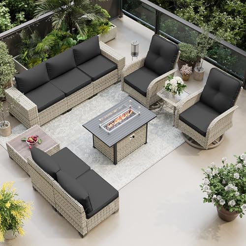 Muphyers 10-Piece Outdoor Patio Furniture Set with Rocking Swivel Chair, PE Wicker Rattan Sectional Sofa Patio Conversation Set with 55,000 BTU Fire Pit Table & Coffee Table, Dark Grey