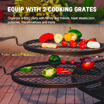 Verdeluxe 42 Inch BBQ Fire Pit with 2 Grills,3-in-1 Outdoor Round Metal Fire Pit Table with Lid,Fire Poker,Large Outdoor Wood Burning Firepits for Outside,Picnic,Bonfire Backyard Patio(Black)