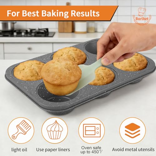 Barlket 2 Pack Jumbo Muffin Pan, 6 Cup Large Cupcake Pan with Speckled Granite Coating and Paper Liners, Professional Nonstick Carbon Steel Muffin Tin for Baking Muffins Frittatas Cupcakes, Grey