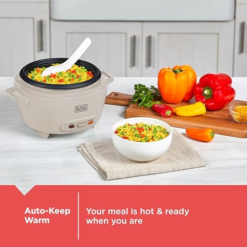 BLACK+DECKER 6-Cup Cooked (3 Cups Uncooked) Rice Cooker, Steaming Basket, Removable Nonstick Bowl, One-Touch Operation, Baked Stone