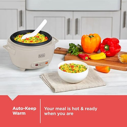 BLACK+DECKER 6-Cup Cooked (3 Cups Uncooked) Rice Cooker, Steaming Basket, Removable Nonstick Bowl, One-Touch Operation, Baked Stone