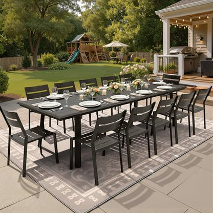 PATIOHIT 13-Piece Aluminum Outdoor Dining Set, 116" Extra Large Rectangular Patio Table and Stackable Armless Chairs Rust Proof Furniture for Family Gatherings BBQs Parties, Black