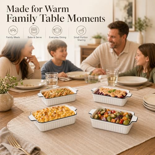 DLIM HOME 12 Oz Casserole Dish, Ceramic Baking Dishes Sets of 4, Small Casserole Dish with Handle, Porcelain Bakeware Sets, 5" Rectangular Baking Serving Dish for Casserole, Cakes, Dishwasher Oven Safe