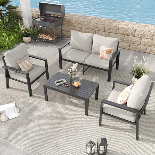 VONZOY Aluminum Patio Furniture Sets Metal Outdoor Furniture Set with Cushion All-Weather Sectional Sofa with Coffee Table for for Backyard, Garden and Poolside Easy Assembly(Beige)