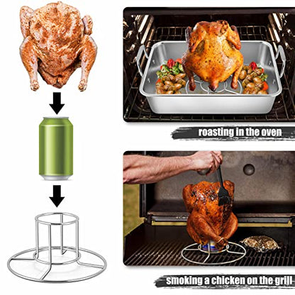 TeamFar Roasting Pan, Large Turkey Roaster Pan Stainless Steel with V Rack & Cooling Rack, Beer Can Chicken Holder & Meat Claws for Shredding & Silicone Brush, Healthy & Dishwasher Safe - 7 Pcs